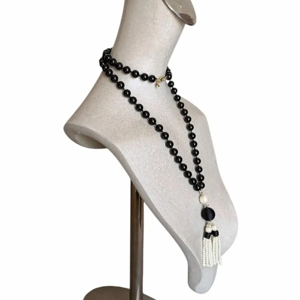 Amy Taylor Black Beaded Tassel Necklace Faux Pearl Statement Jewelry
